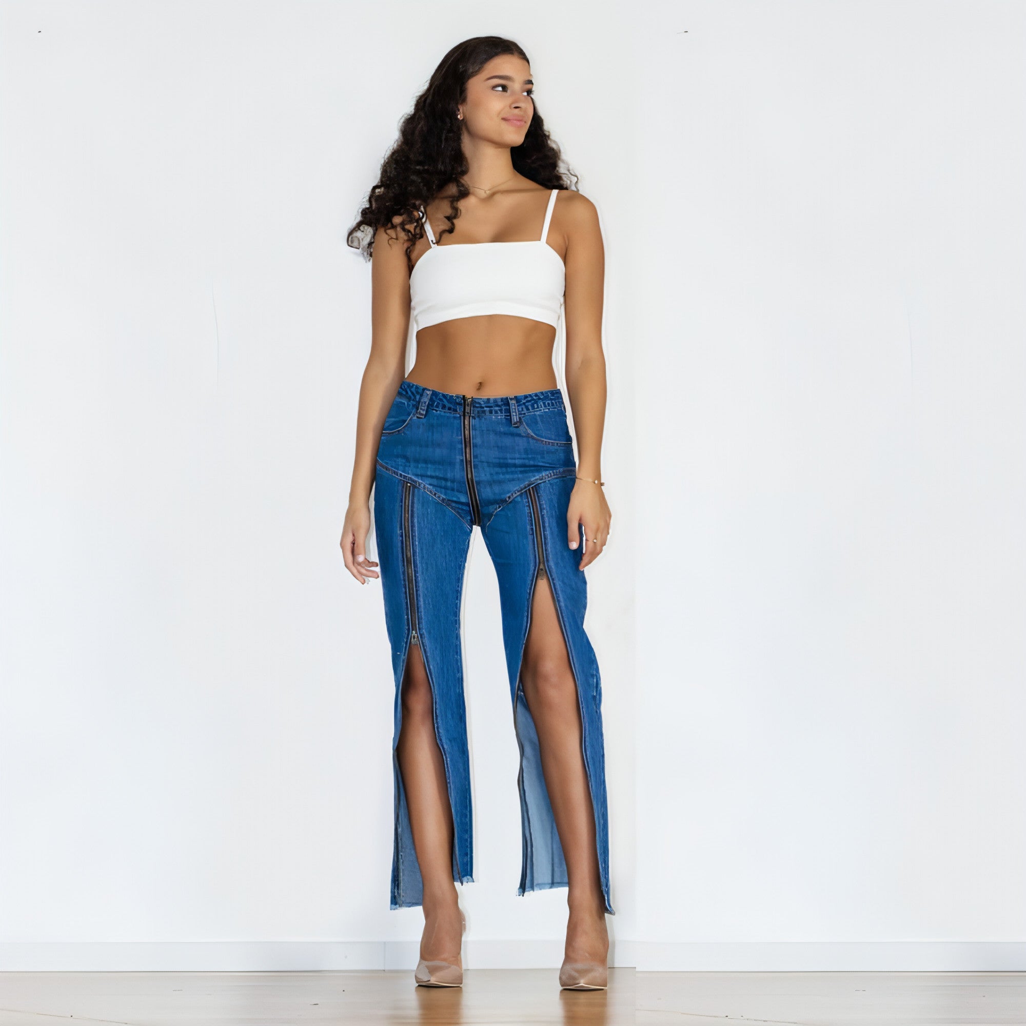 UrbanEase™ Women Zipper Jeans Women Unique Dark Blue Denim