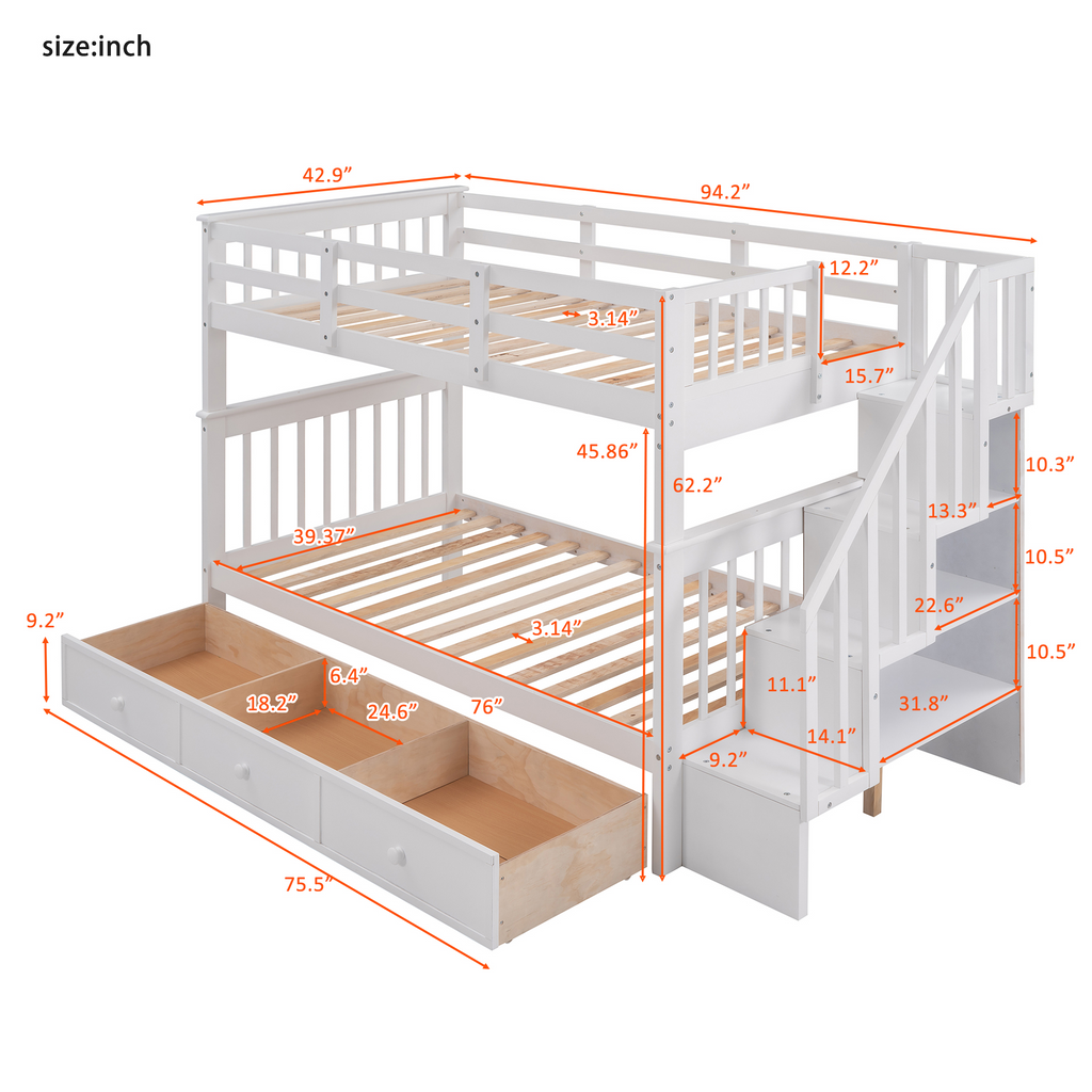 Stairway Twin-Over-Twin Bunk Bed with Three Drawers for Bedroom, Dorm