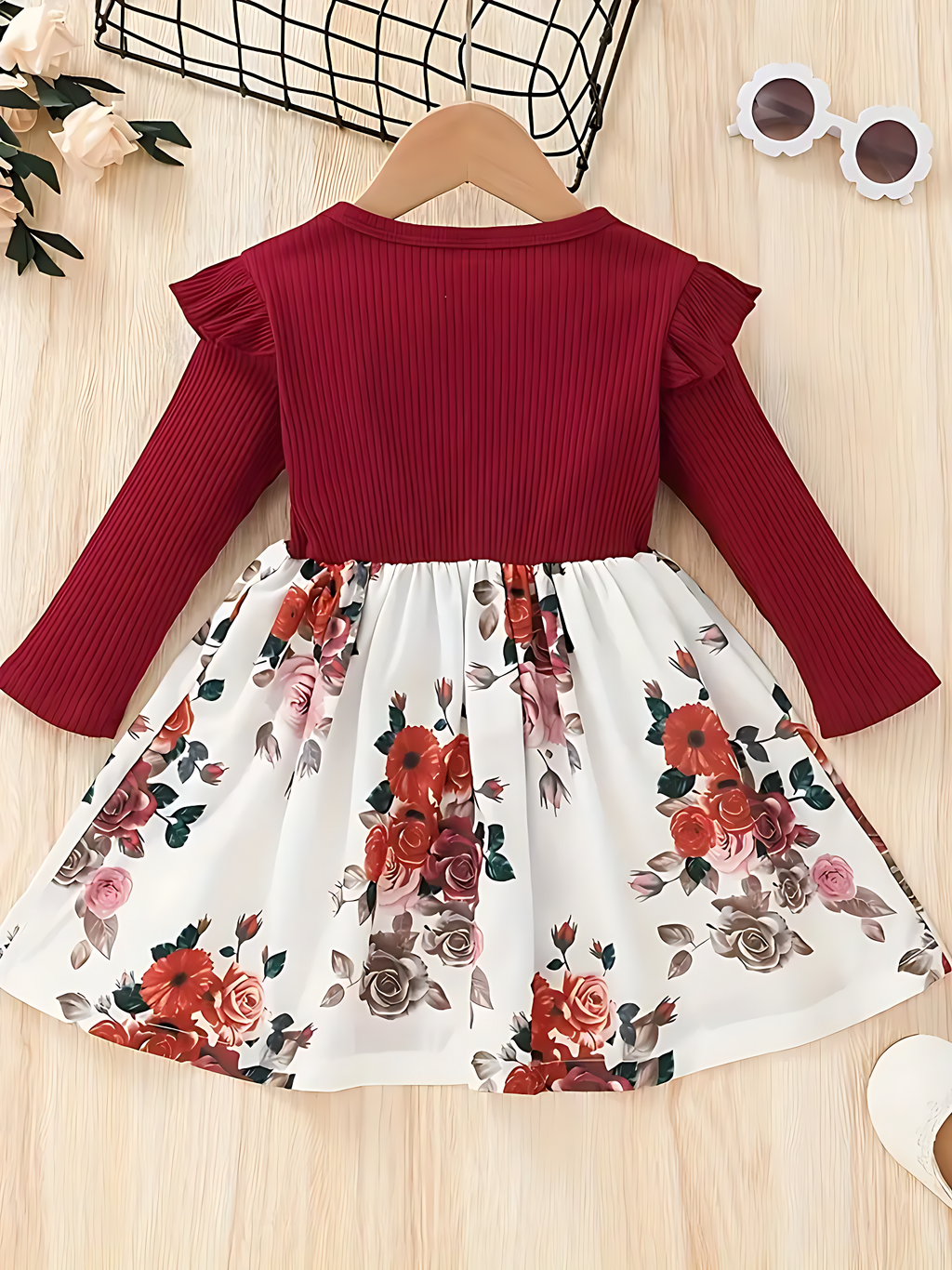 Girl's Lycra Floral Printed marron Frock Dress 1-2 Years