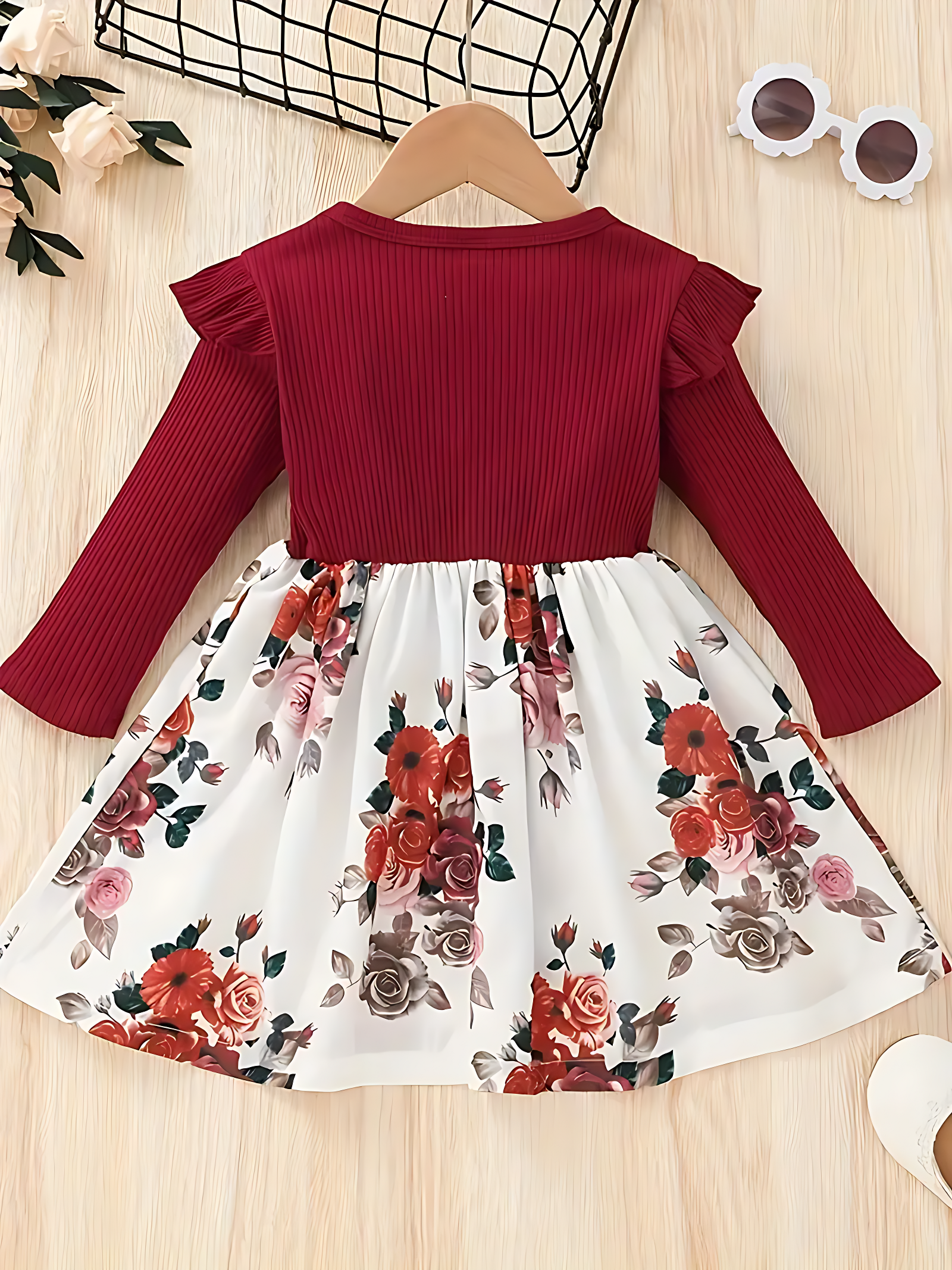 Girl's Lycra Floral Printed marron Frock Dress 1-2 Years