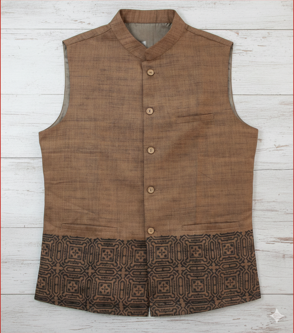 Men's Brown Nehru Vest with Intricate Border
