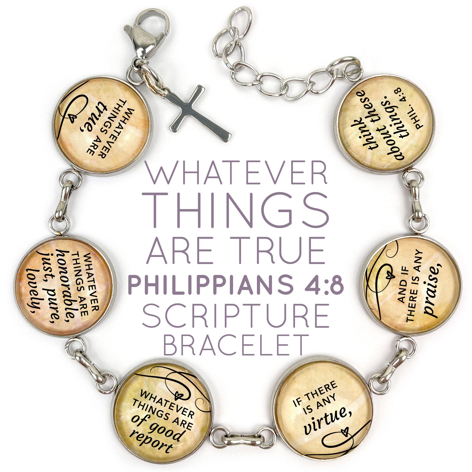 Glass Philippians 4:8 scripture bracelet by Orchid Briseis featuring engraved inspirational message on a delicate bracelet.
