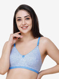 Women's Cotton Non-Padded Floral Print Bra (White & Blue  36B)