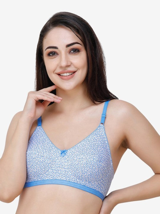 Women's Cotton Non-Padded Floral Print Bra (White & Blue  36B)