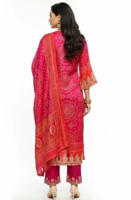 Pink & Red Bandhej Suit Set With Dupatta For Women