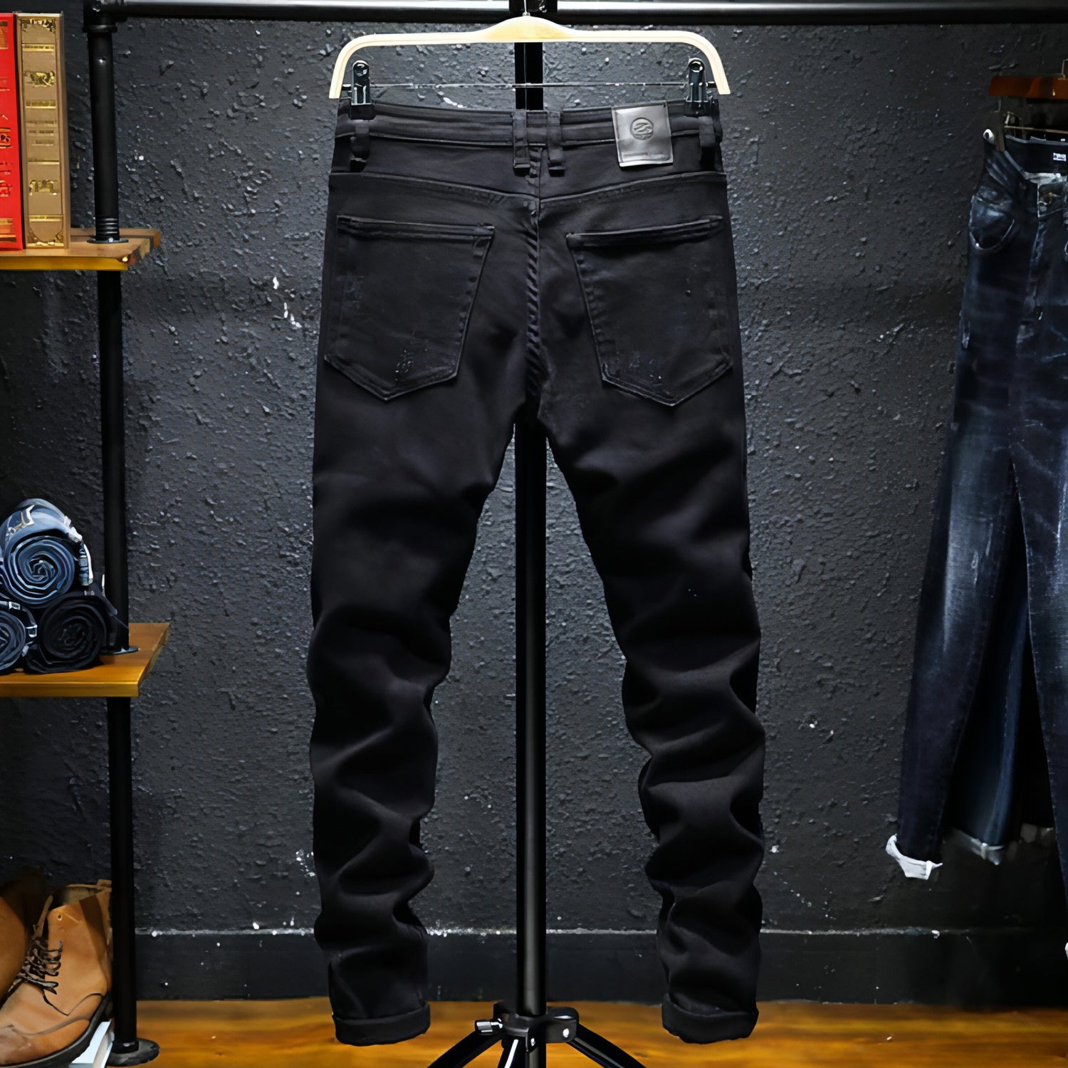 Black denim ripped stretch jeans for men by Carmine Juneberry, showing fitted design and distressed details.