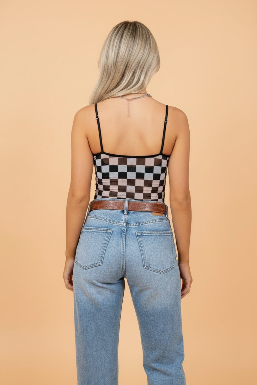 Checker Sheer Mesh Spaghetti Strap Tank Top