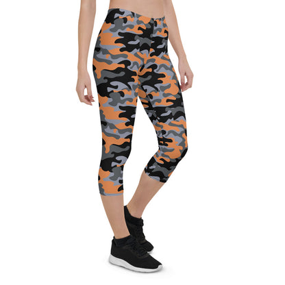 Orange and gray camo Capri leggings for women by Maroon Sooty, featuring a fitted activewear design with a comfortable elastic waistband.