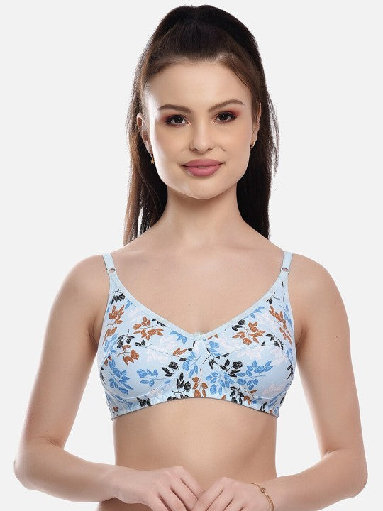 Non-Padded Cotton Printed Floral for Women Bra-Light Blue  (36B)