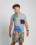 Crew Neck Multicolored Short Sleeve Knit-Tee With Art Deco Pattern