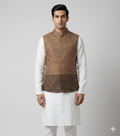 Men's Brown Nehru Vest with Intricate Border