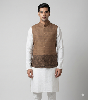 Men's Brown Nehru Vest with Intricate Border