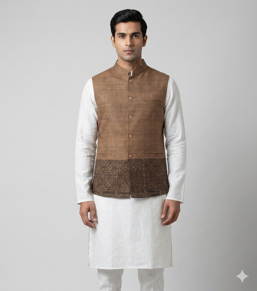 Men's Brown Nehru Vest with Intricate Border
