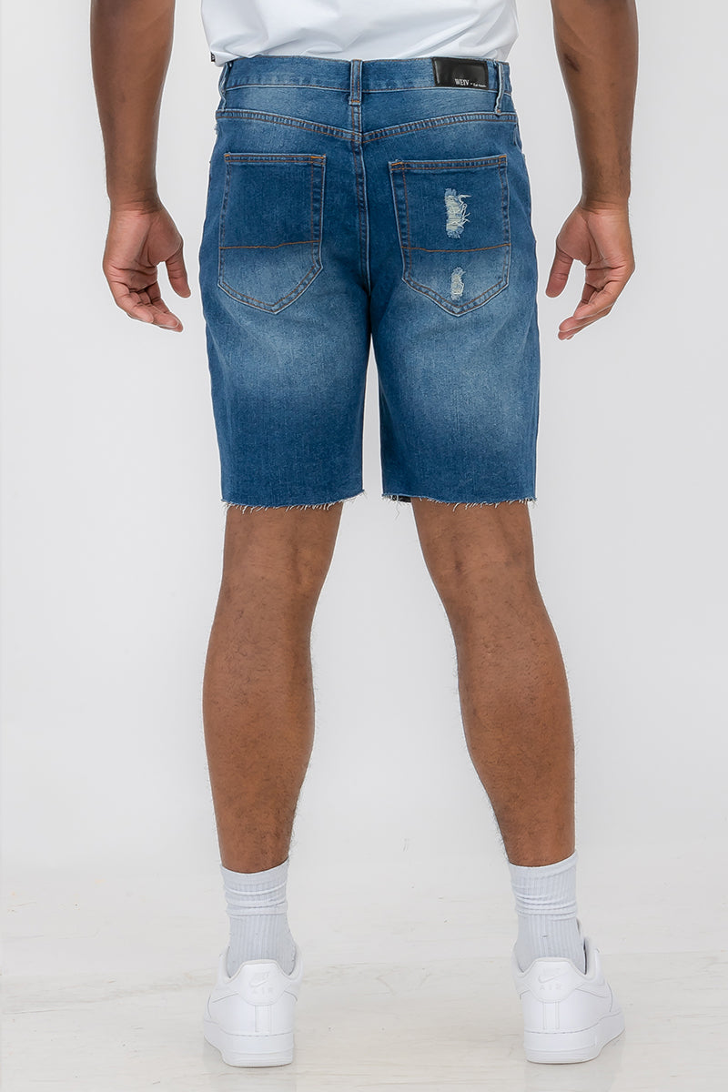Mens Lime Milo distressed denim shorts, activewear style with frayed edges and casual fit, suitable for summer outdoor activities.