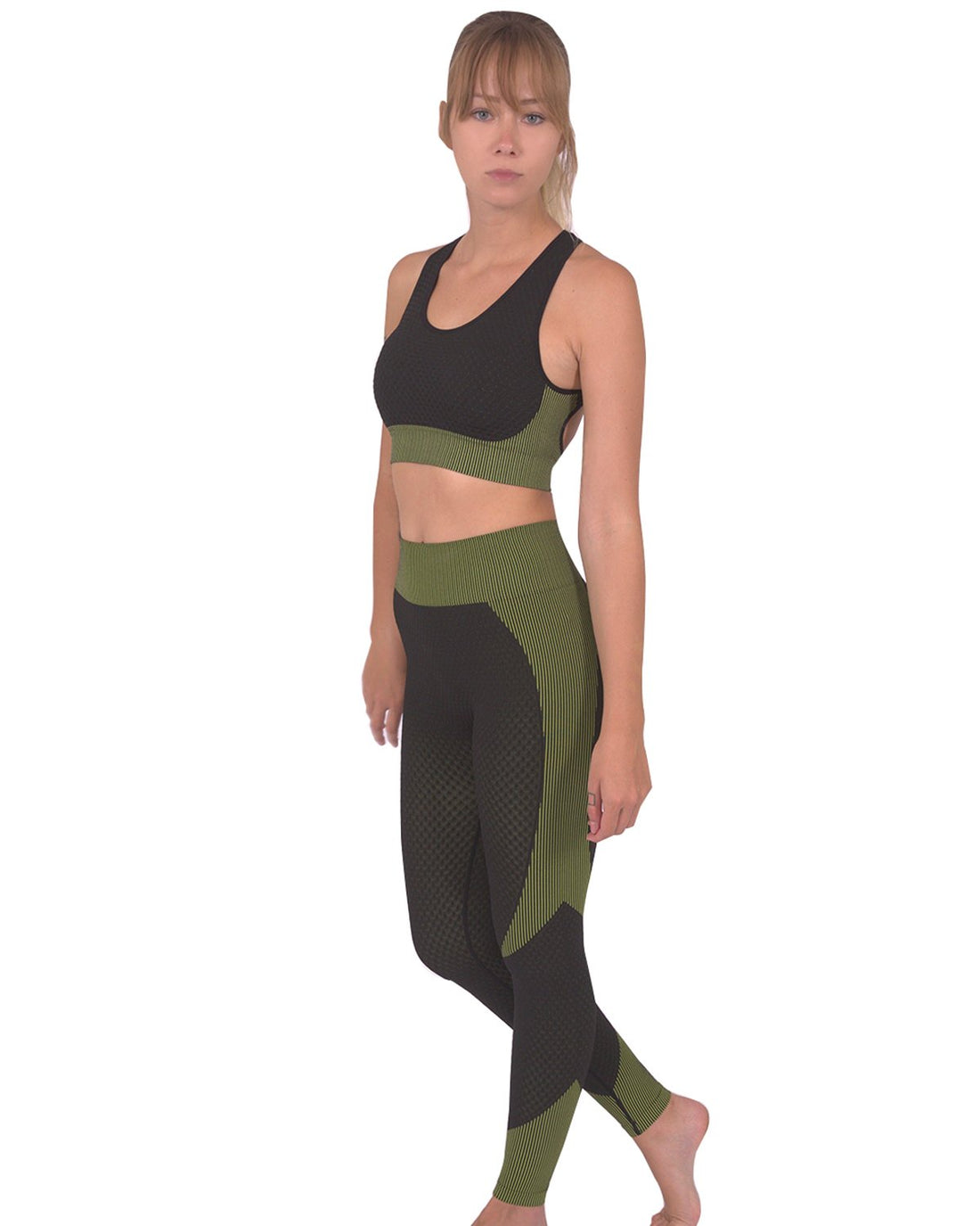 Lazurite Trois seamless sports bra in black with green accents, activewear, lightweight, and breathable for workout comfort