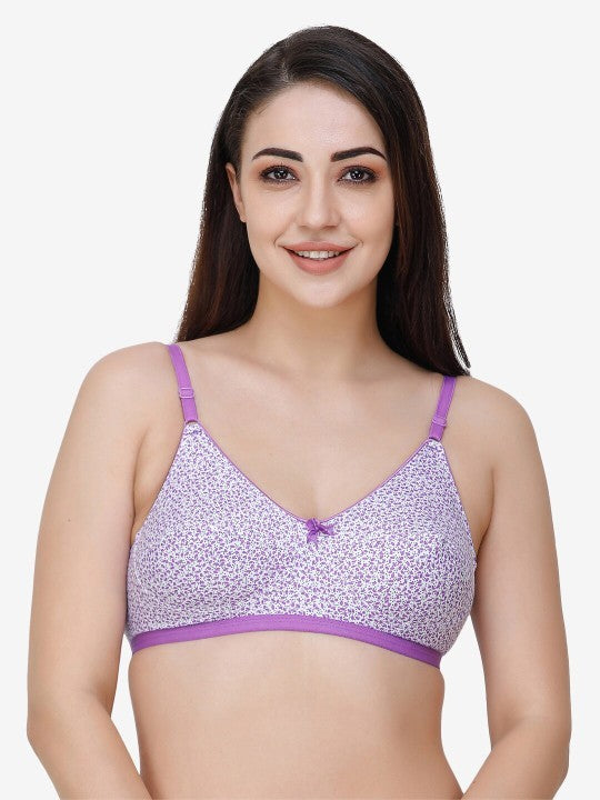 Women's Cotton Non-Padded Floral Print Bra  (White & Purple 36B)