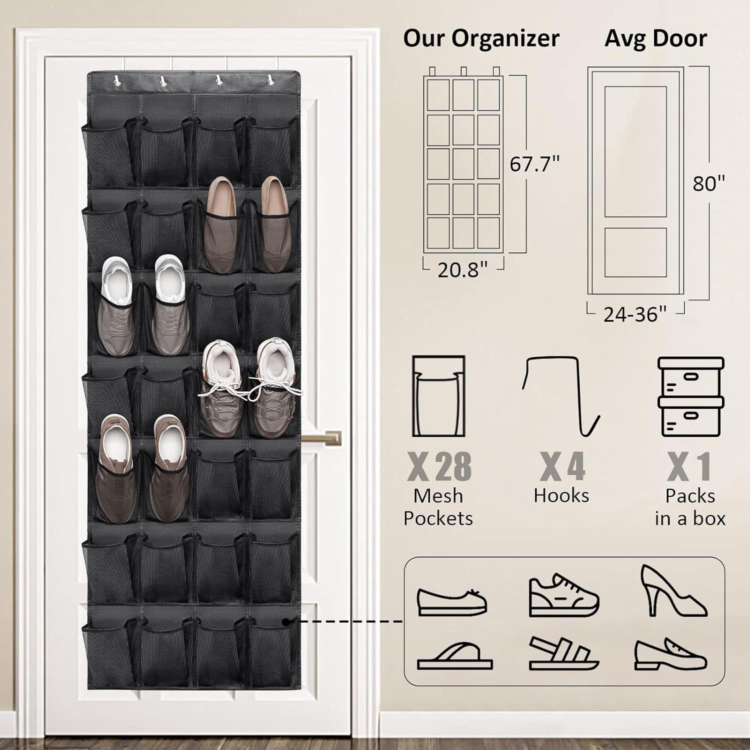 28 Pockets Over Door Hanging Shoe Storage Organizer Rack Holder Closet