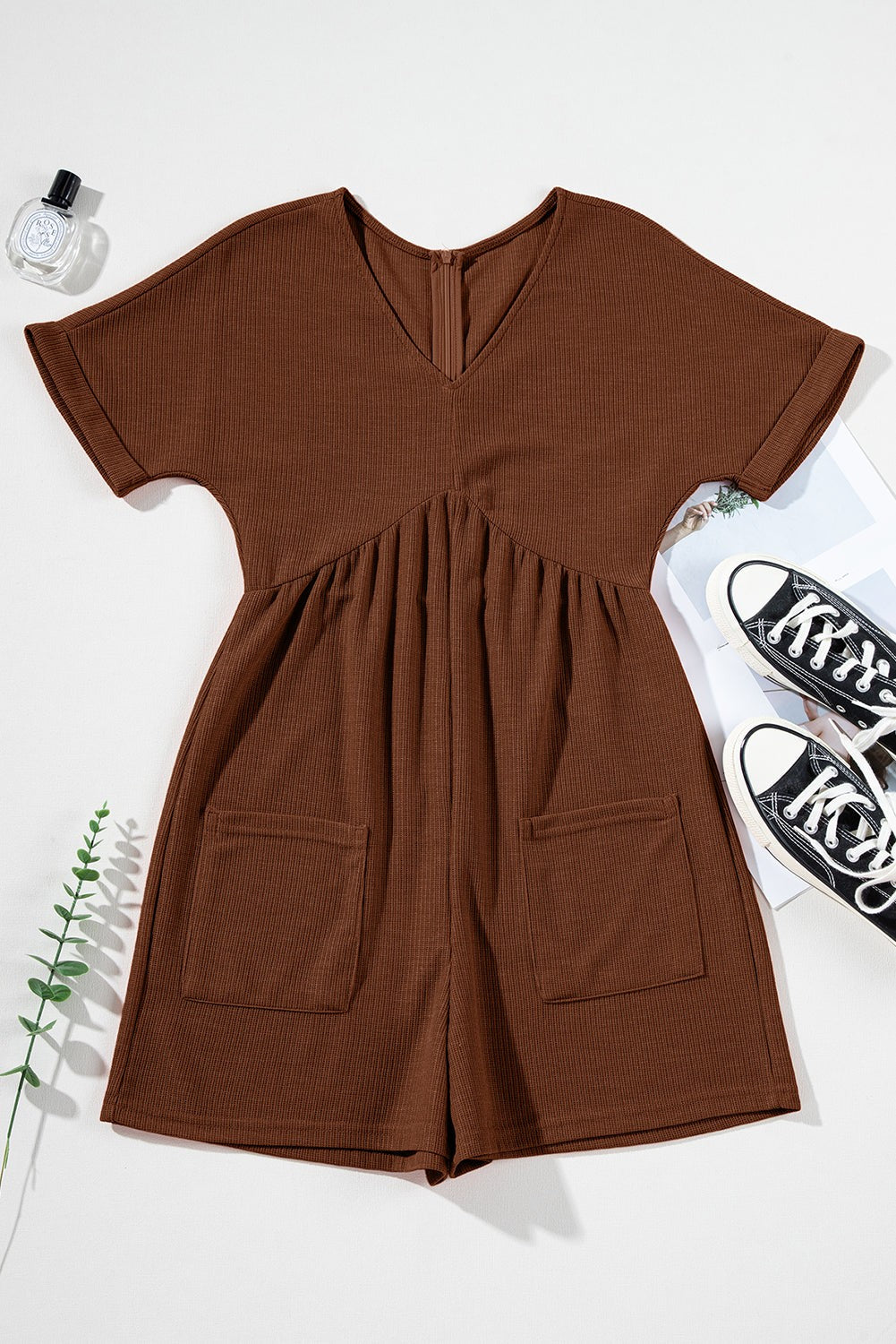 Solid Textured Knit V-Neck Zip Up Romper