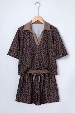 Leopard Collared V-Neck Top & Shorts Set