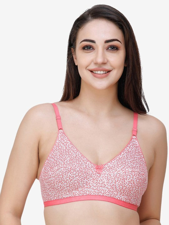 Women's Cotton Non-Padded Floral Print Bra  (White & Peach 32B)