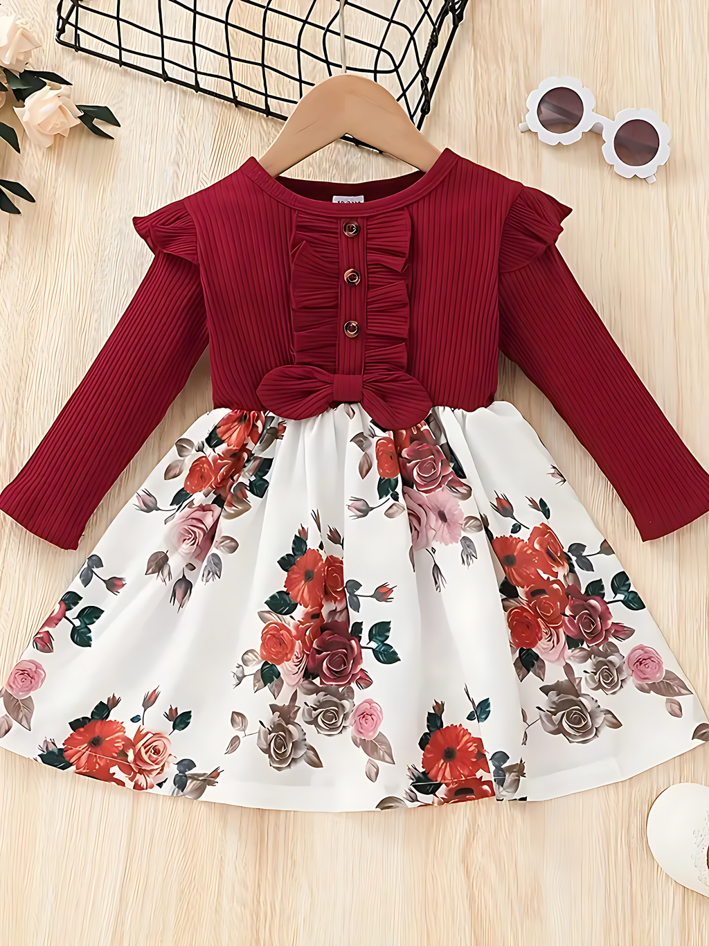 Girl's Lycra Floral Printed marron Frock Dress 1-2 Years