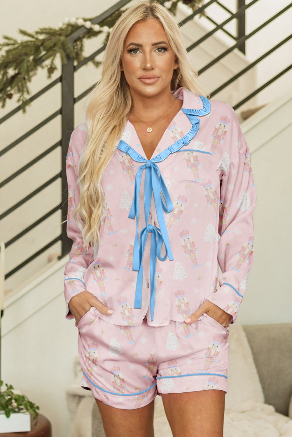Christmas Bow Nutcracker Tie Front Pajama Set