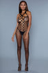 Magenta Caeneus Night Reflection Bodystocking, sheer black lingerie with intricate lace and mesh details, form-fitting and seductive.