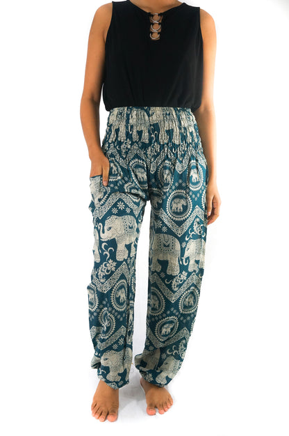 Tan Smokey teal elephant boho pants for women, hippie yoga pants with comfortable flowy fit and unique elephant print.