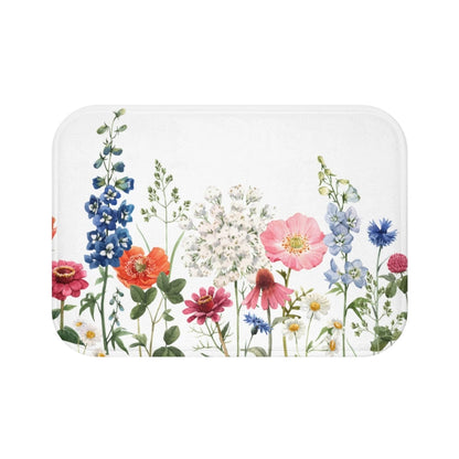 Yellow Pandora spring floral garden bath mat with colorful floral pattern, soft bathroom decor rug for adding a fresh look.