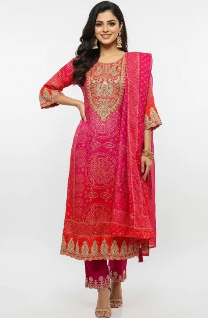 Pink & Red Bandhej Suit Set With Dupatta For Women