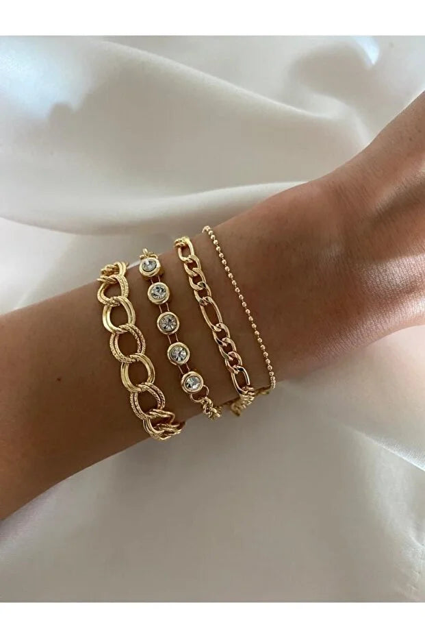 White Stone Bracelet Set Four Piece Layered Adjustable Elegant Jewelry