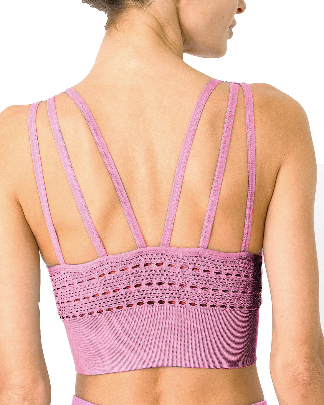 Pink Lazurite mesh seamless activewear bra with cutouts, featuring a lightweight, breathable design and supportive fit.