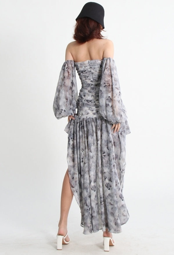 Asymmetrical Mini Dress Slash Neck Puff Sleeve  Solid Minimalist