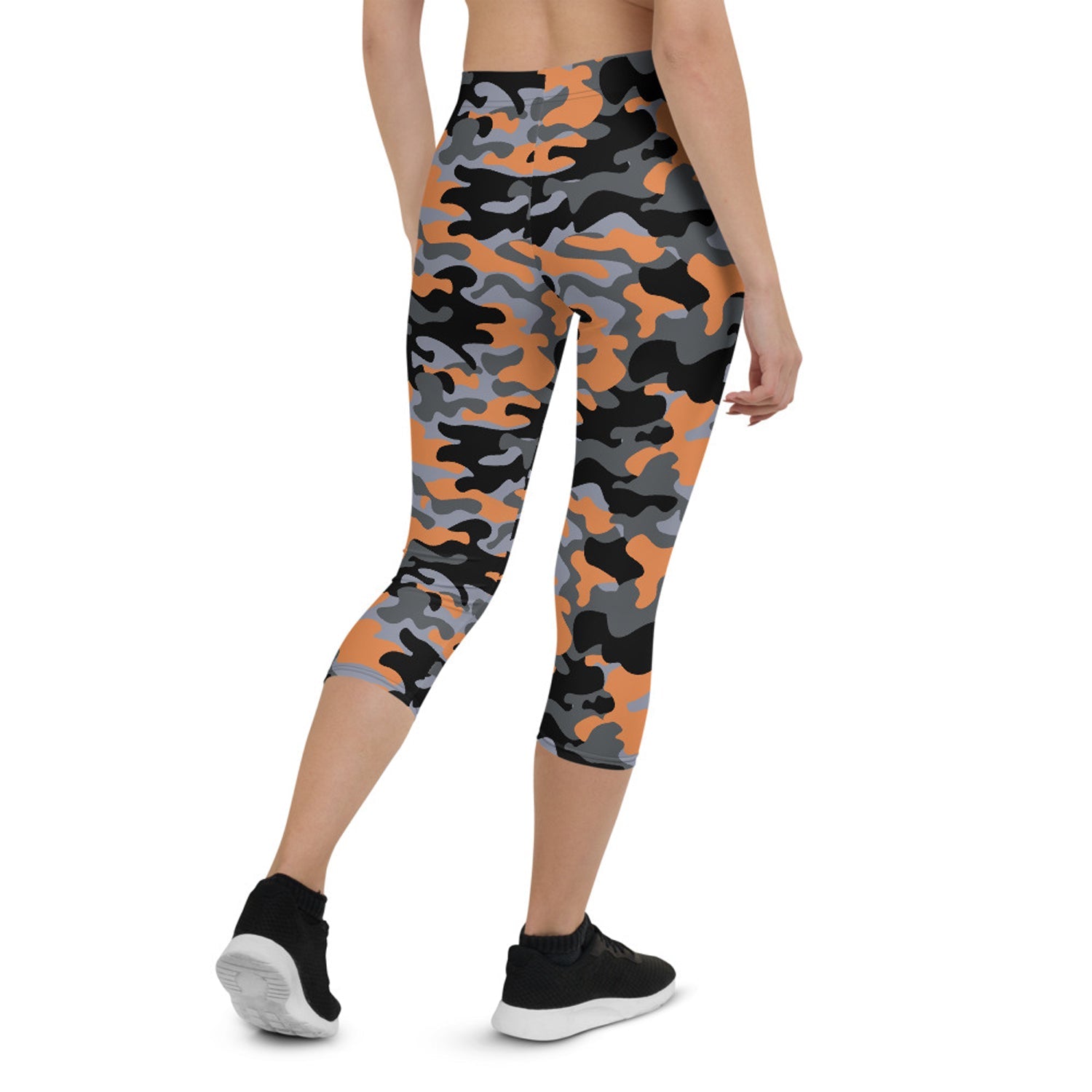 Orange and gray camo Capri leggings for women by Harlequin Icarus, featuring a stylish camouflage pattern and comfortable fit.