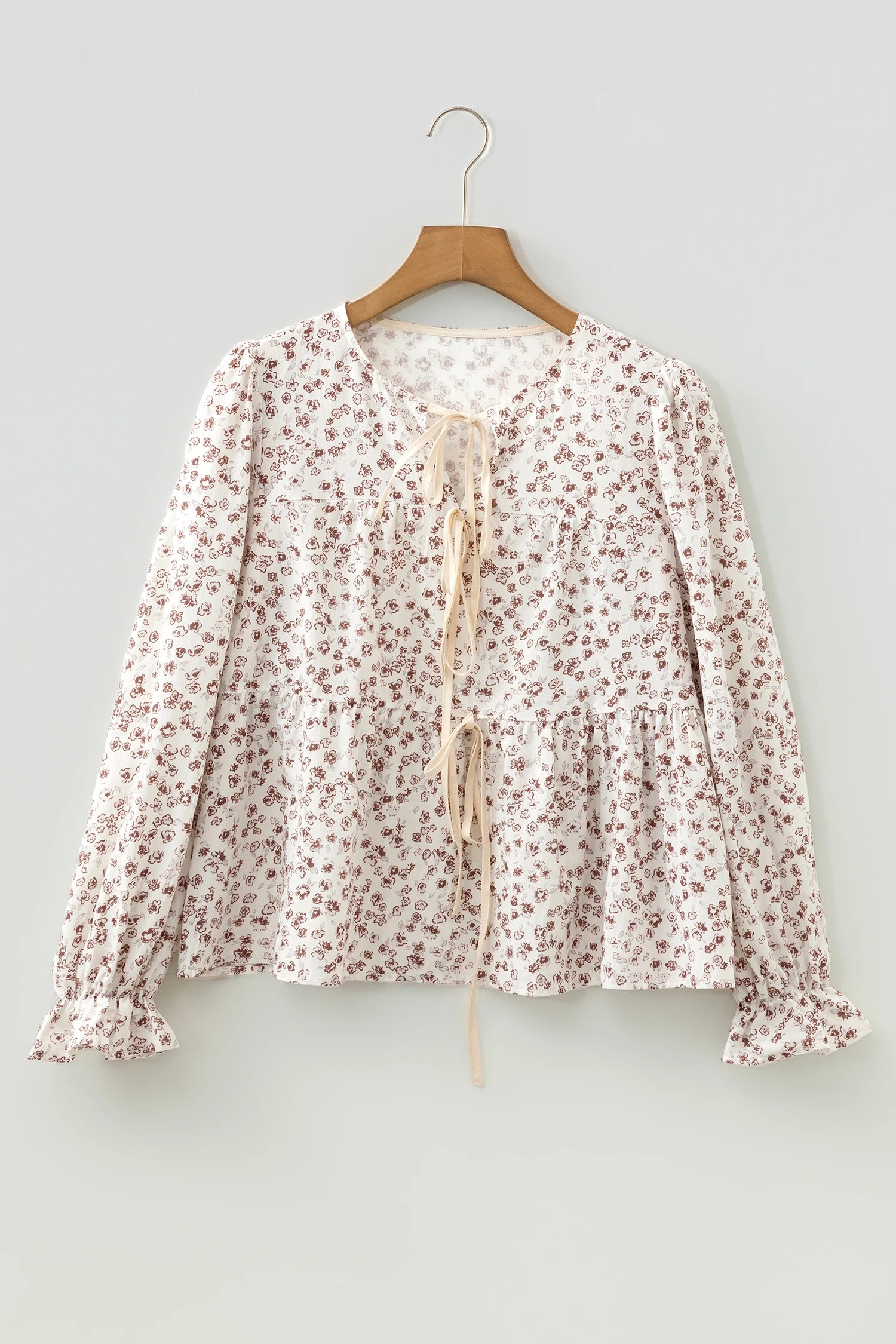XX Floral Bow Tie Front Flounce Long Sleeve Blouse