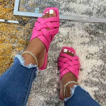 Red Iphigenia summer casual outdoor leather slippers for women in blue, pink, and beige with flat design and comfortable slip-on style.