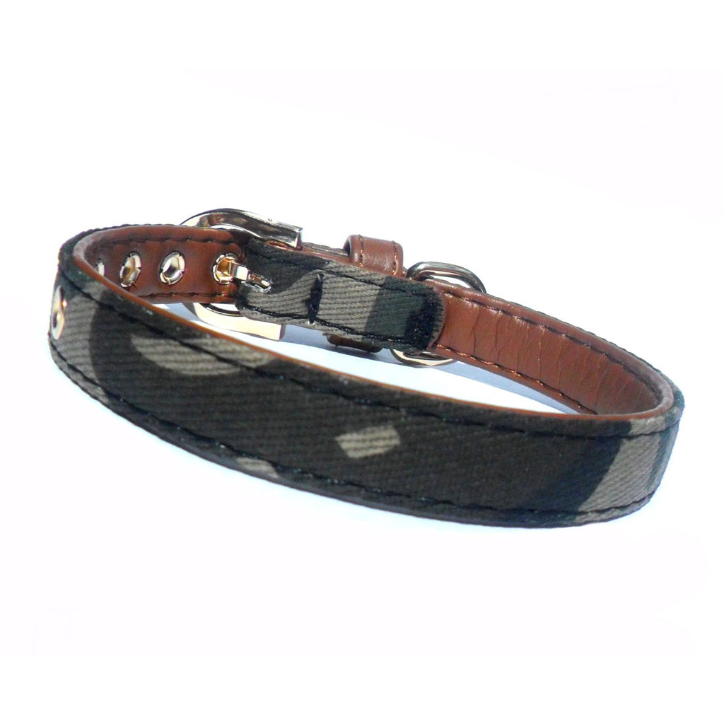 Army Fabric & Brown Vegan Leather Collar