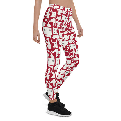 Women’s white cat silhouette on red Maroon Sooty leggings, showcasing a stylish feline design on fitted leggings.