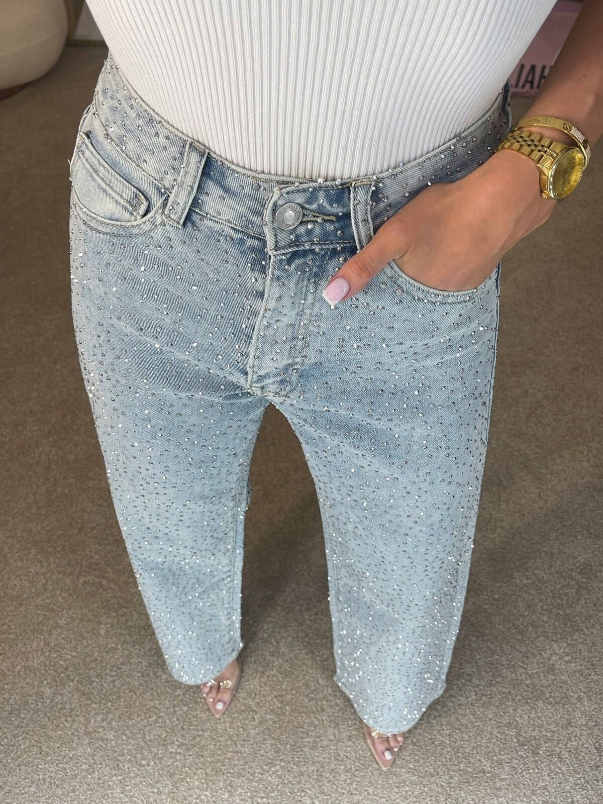 25 Edition – Women’s High Waist Straight Street Jeans with Glitter