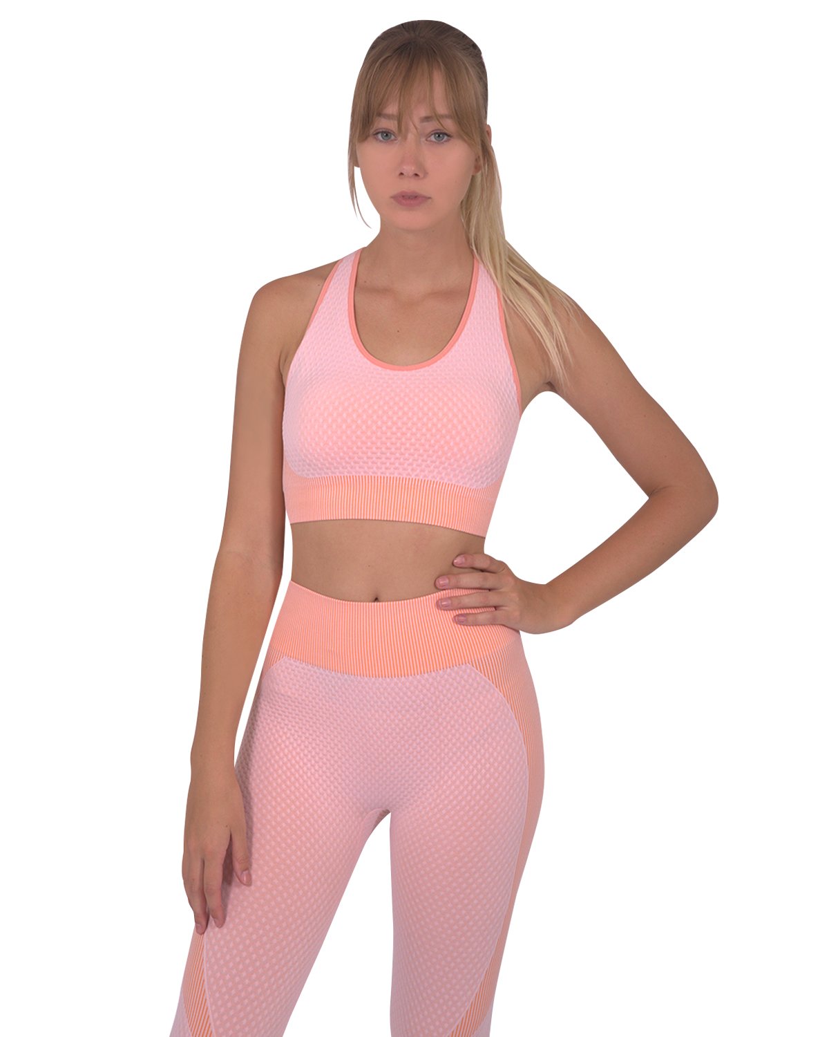Lazurite Trois seamless activewear set with pink leggings and sports top, designed for comfortable workout and athletic activities.