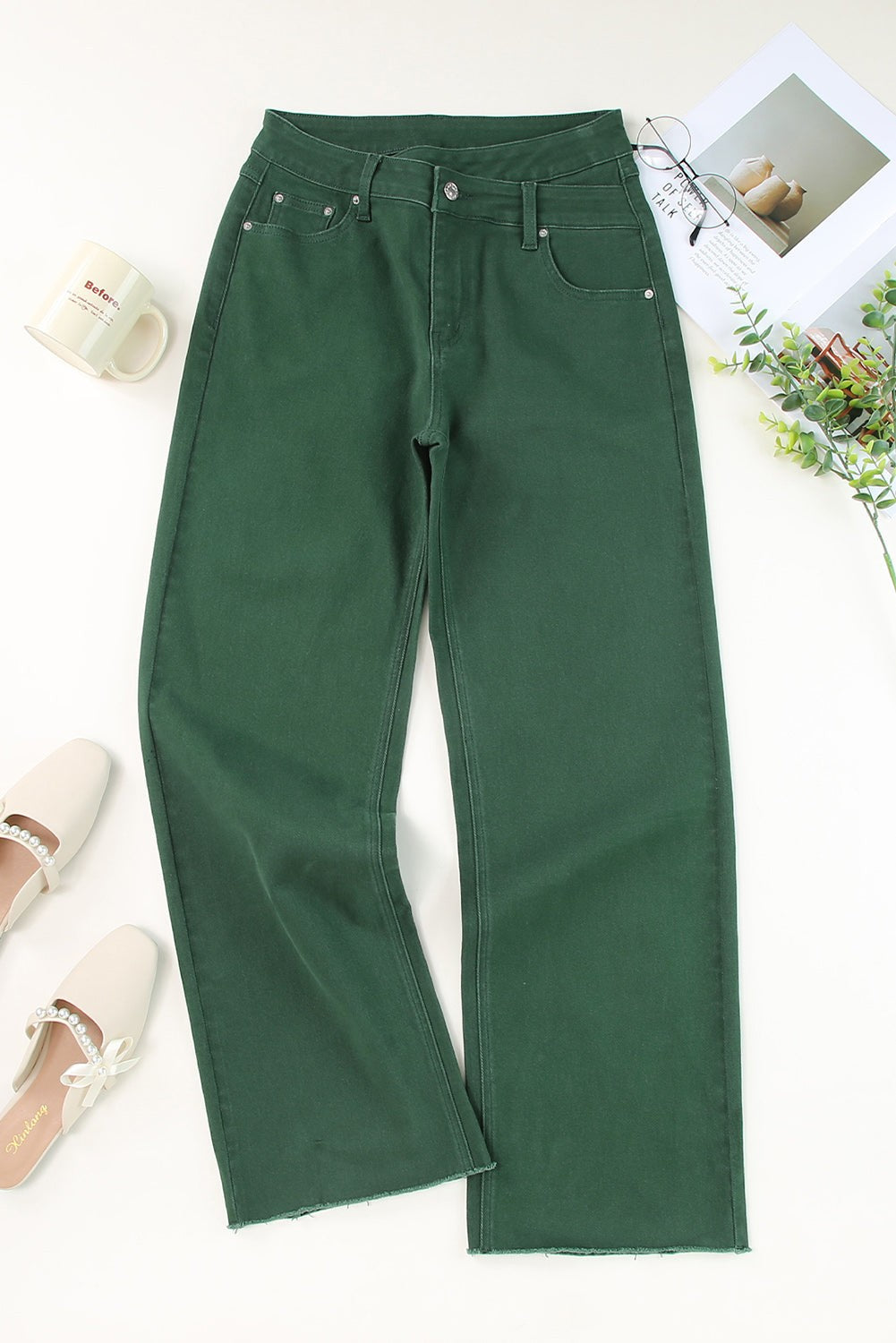 Solid Denim Crossed Waist Raw Hem Jeans