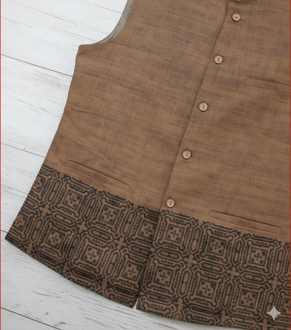 Men's Brown Nehru Vest with Intricate Border
