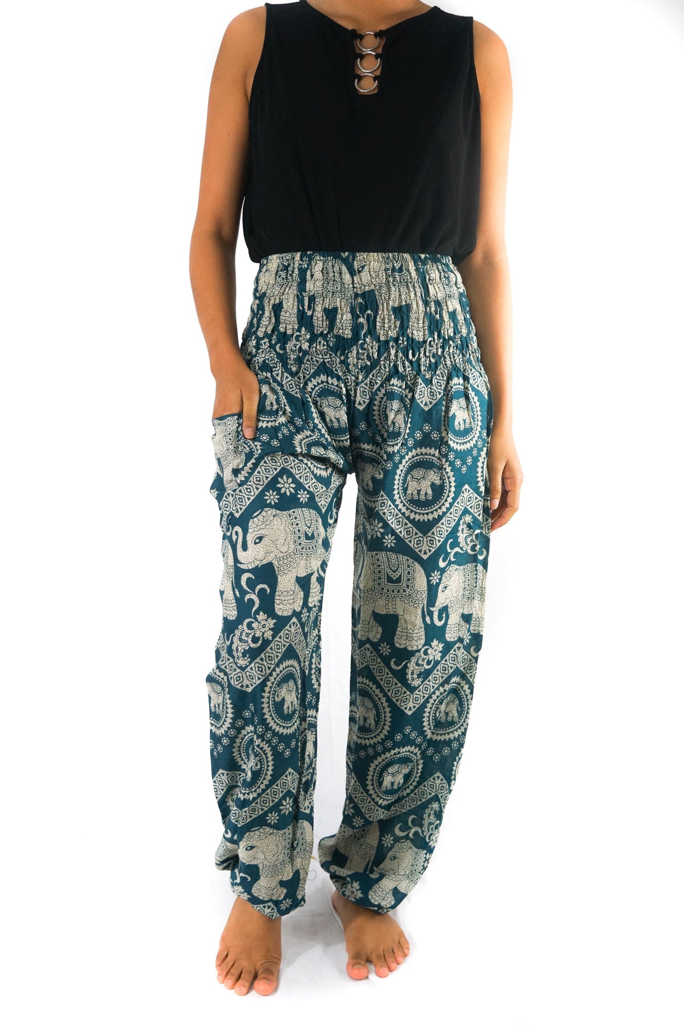 Teal Elephant print boho pants for women, hippie style yoga pants by Tan Smokey, featuring comfortable flowy fabric and unique pattern.
