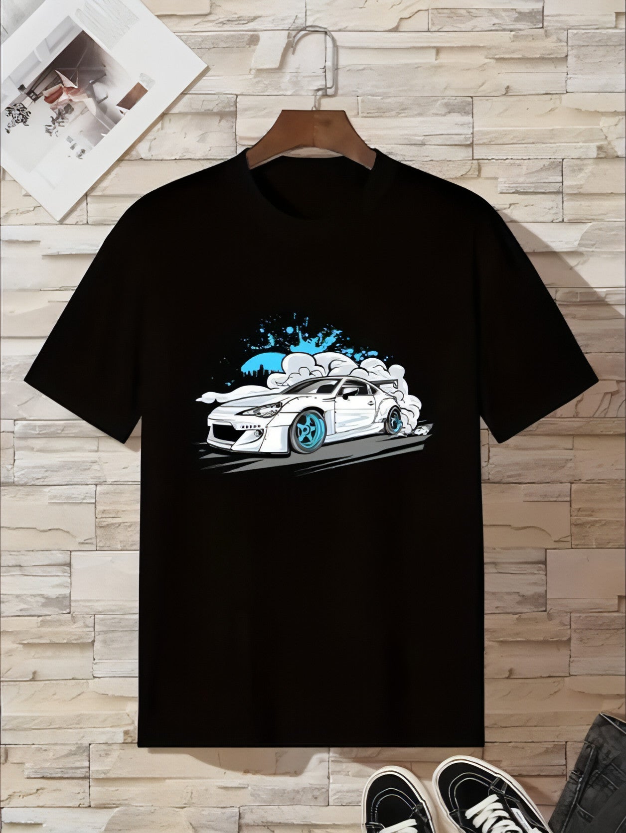 Youth white sports car casual T-shirt for men by Carmine Juneberry, featuring a sleek sports car graphic on the front.