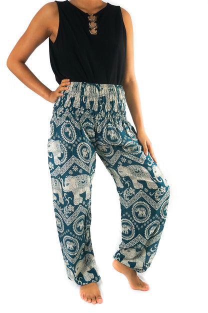 Teal boho elephant print pants for women, Tan Smokey brand, hippie style yoga and casual wear pants with relaxed fit.