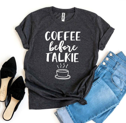 Agate Coffee Before Talkie T-shirt featuring a humorous coffee-themed graphic on a casual cotton T-shirt.