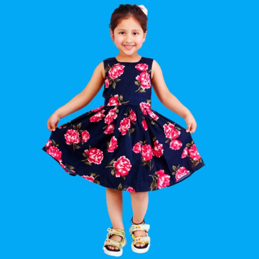 Girls Below Knee Casual Dress  (Navy Blue, Sleeveless)