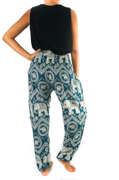 Tan Smokey teal elephant print boho pants for women, featuring hippie style and comfortable yoga-inspired design.