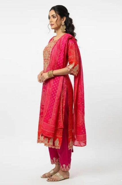 Pink & Red Bandhej Suit Set With Dupatta For Women
