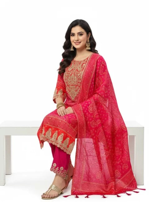 Pink & Red Bandhej Suit Set With Dupatta For Women